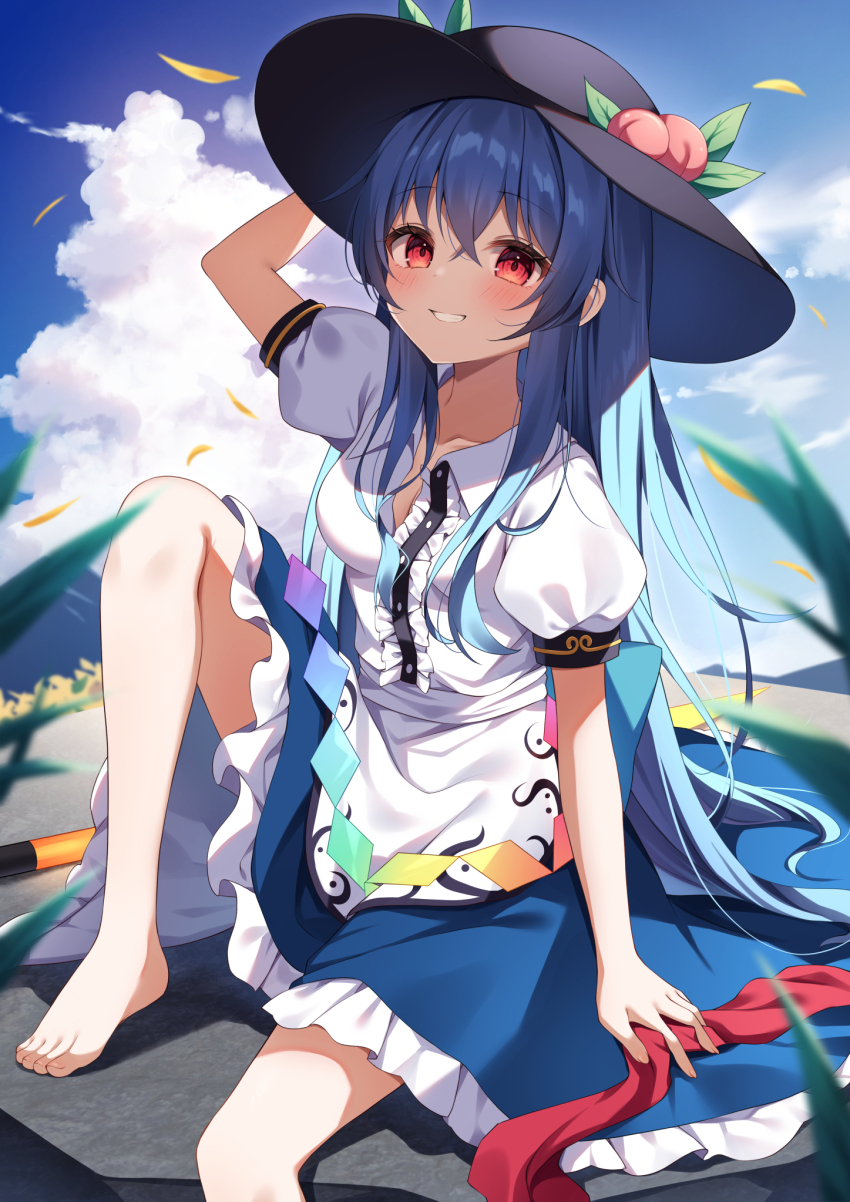 1girl :d apron arm_at_side barefoot black_hat blue_hair blue_skirt blue_sky blurry blush center_frills cloud collarbone collared_shirt commentary_request crossed_bangs cumulonimbus_cloud day depth_of_field eyelashes foot_out_of_frame frilled_shirt frilled_skirt frills grin hair_between_eyes hand_on_headwear hand_up happy hat hat_ornament highres hinanawi_tenshi knee_up leaf_hat_ornament long_hair looking_at_viewer miy@ on_rock open_mouth outdoors peach_hat_ornament puffy_short_sleeves puffy_sleeves red_eyes rock shirt short_sleeves sitting skirt sky smile solo straight_hair summer sun_hat sword_of_hisou toenails toes touhou very_long_hair waist_apron white_apron white_shirt