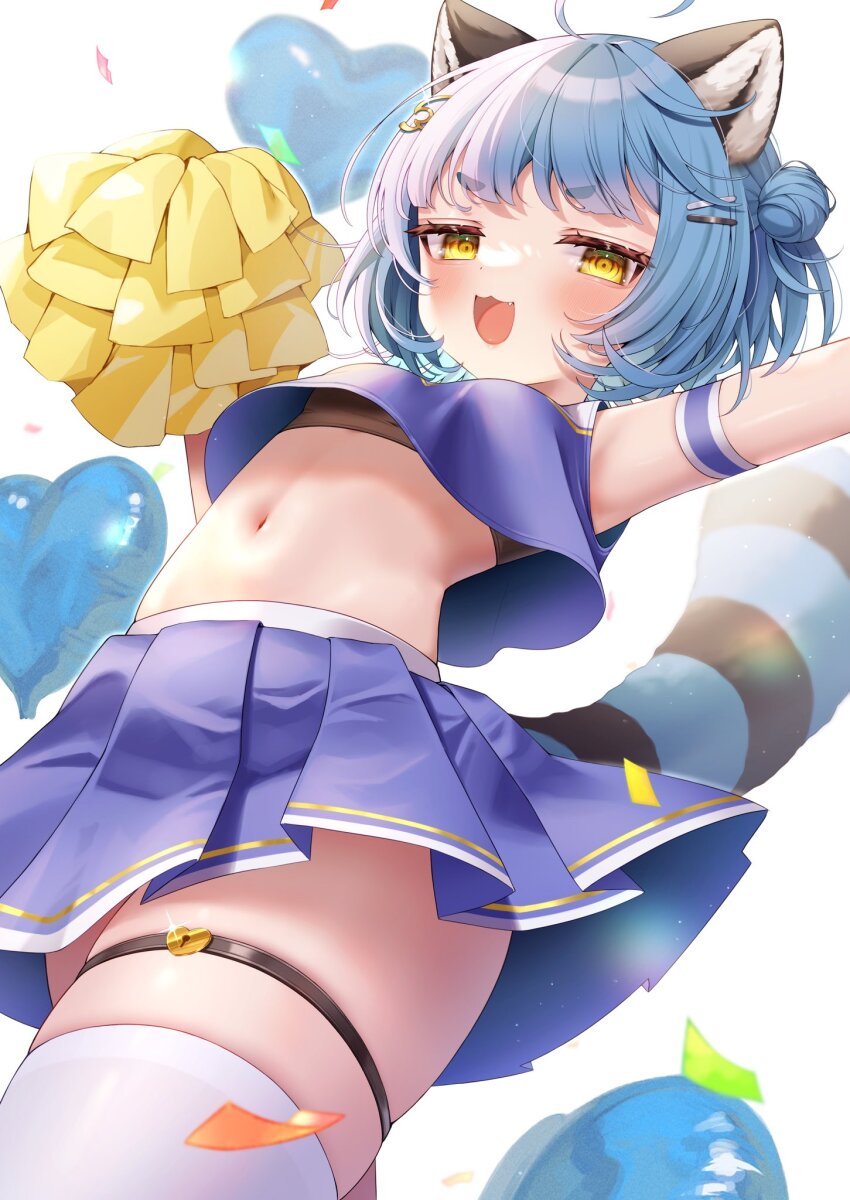 1girl :3 :d ahoge animal_ears blue_hair blue_shirt blue_skirt blush breasts cheerleader commission cropped_shirt fang hair_bun highres holding holding_pom_poms idol_corp miniskirt monuke_(monu) navel open_mouth poko_rakun pom_pom_(cheerleading) pom_poms raccoon_ears raccoon_girl raccoon_tail shirt short_eyebrows short_hair single_hair_bun skeb_commission skirt small_breasts smile solo striped_tail tail thighhighs virtual_youtuber white_thighhighs yellow_eyes