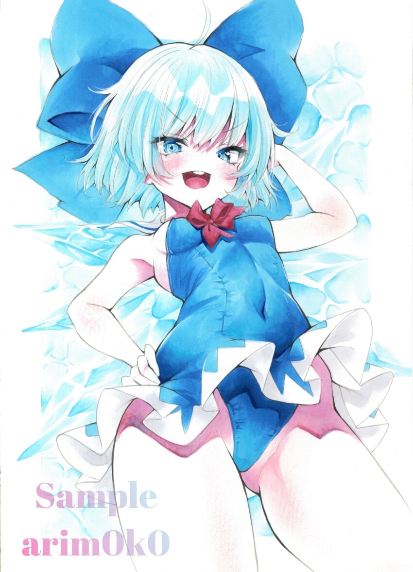 1girl absurdres ahoge arim0k0 artist_name blue_bow blue_dress blue_hair blue_one-piece_swimsuit blush bow breasts cirno commentary covered_navel detached_wings dress hair_bow hand_in_own_hair hand_on_own_hip highres ice ice_wings looking_at_viewer marker_(medium) one-piece_swimsuit open_mouth sample_watermark short_hair simple_background small_breasts solo swimsuit teeth touhou traditional_media upper_teeth_only v-shaped_eyebrows watermark white_background wings