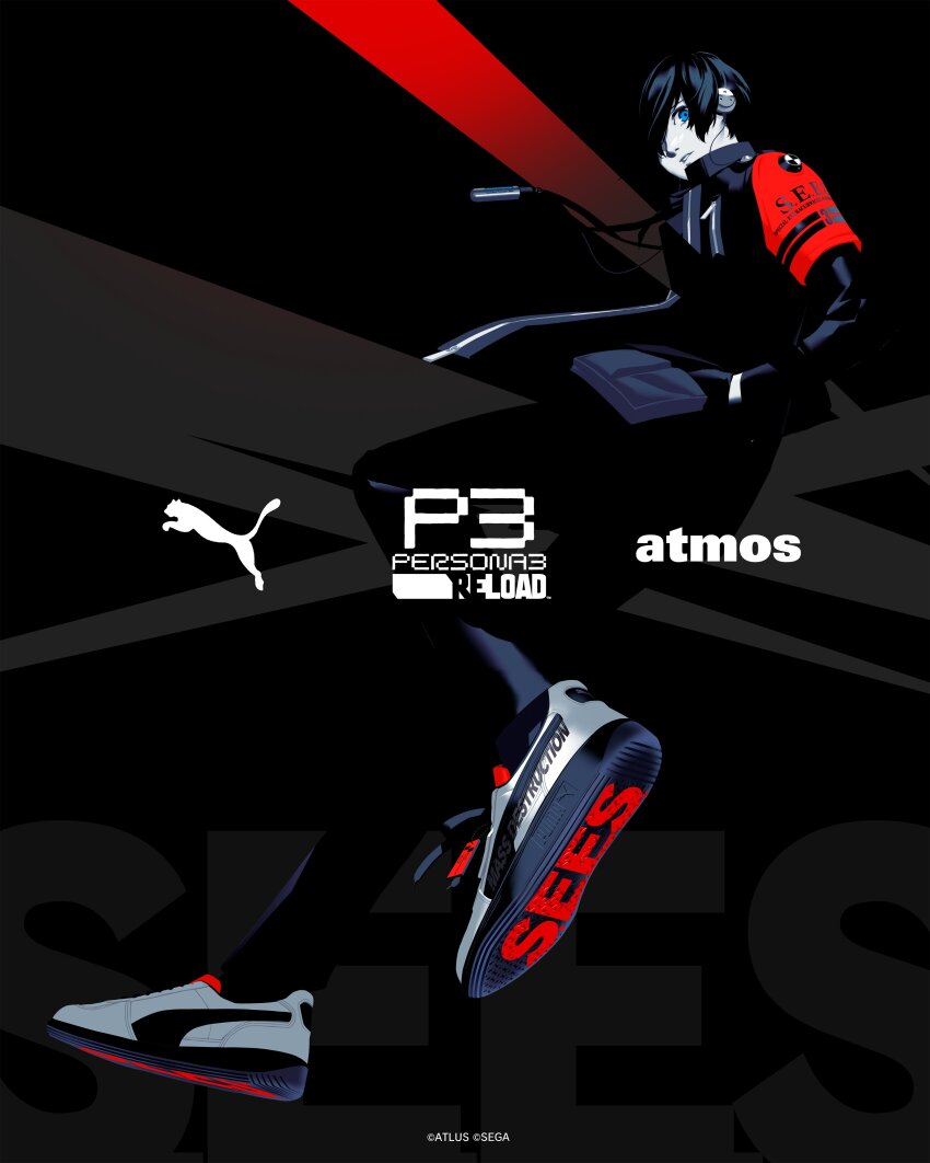 1boy absurdres armband black_hair black_jacket blue_eyes clothes_writing commentary_request digital_media_player earphones hair_over_one_eye hand_in_pocket highres jacket limited_palette logo male_focus official_art parted_lips persona persona_3 persona_3_reload puma_(brand) red_armband shoes simple_background sneakers solo yuuki_makoto_(persona_3)