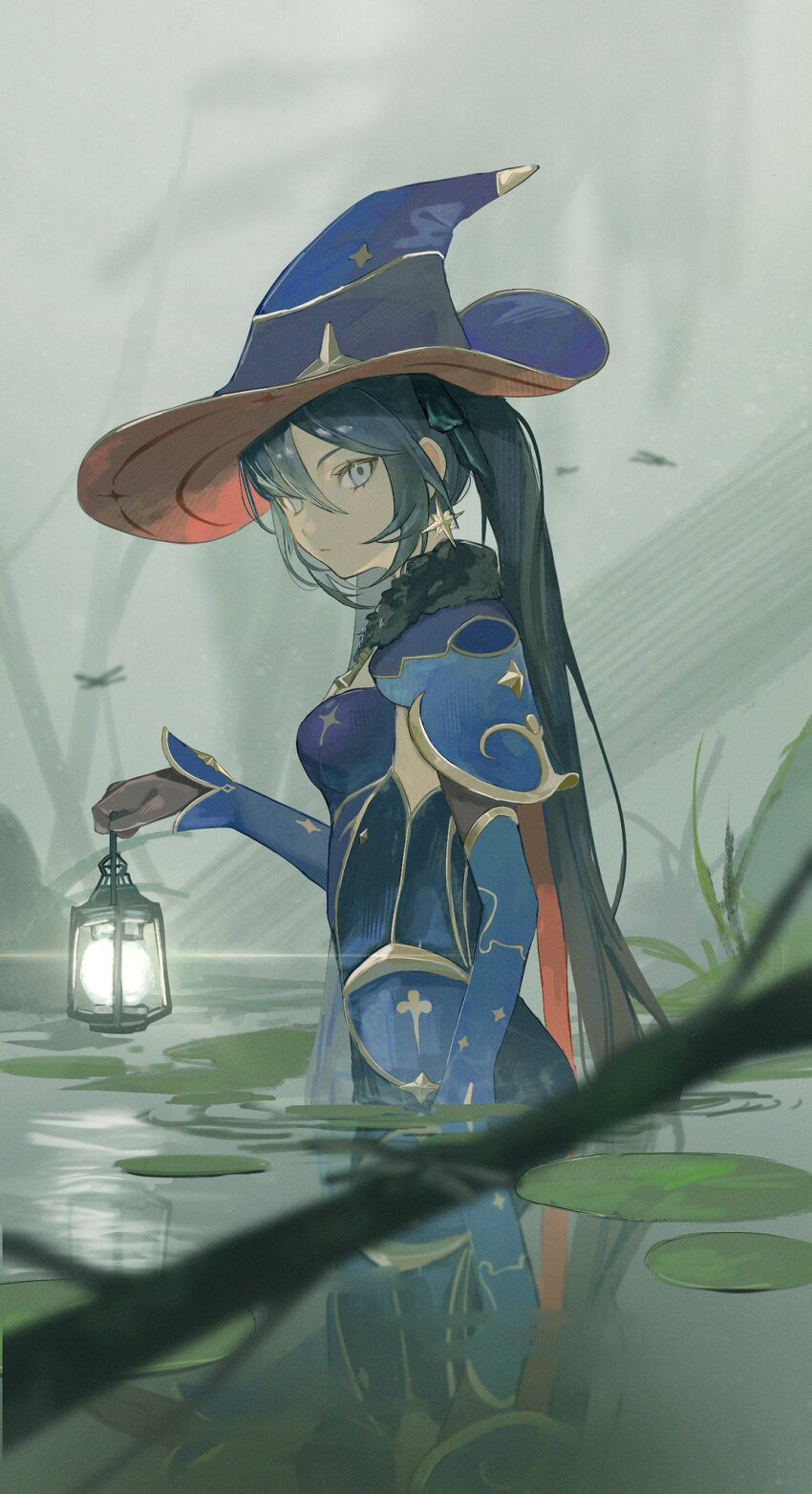 1girl black_gloves black_hair blue_capelet blue_hat blue_leotard blue_sleeves breasts capelet detached_sleeves earrings elbow_gloves from_side fur_collar genshin_impact gloves green_eyes hair_between_eyes hair_ornament hat highres holding holding_lantern jewelry lantern leotard lily_pad long_hair looking_at_viewer lotus_leaf medium_breasts mona_(genshin_impact) outdoors pond solo star_(symbol) star_earrings sushi_gnsn twintails wading water witch_hat