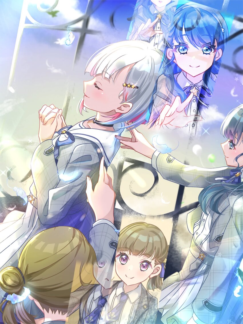 3girls birdcage birdcage_(love_live!) black_choker blue_eyes blue_hair blue_necktie bob_cut brown_hair cage center-flap_bangs choker closed_eyes closed_mouth collared_shirt commentary dark_blue_hair diagonal_bangs dollchestra dress dress_shirt grey_dress grey_hair grey_jacket hair_bun hair_ornament hairclip half_updo highres inverted_bob jacket kachimachi_kosuzu link!_like!_love_live! long_hair long_sleeves love_live! multicolored_hair multiple_girls murano_sayaka necktie o-ring o-ring_choker official_alternate_costume official_alternate_hairstyle pink_eyes pink_hair profile sailor_collar sailor_dress sakari_(pear_8_ll) shirt short_hair short_necktie short_sidetail side_ponytail single_side_bun smile split_mouth star_(symbol) star_hair_ornament streaked_hair virtual_youtuber white_sailor_collar white_shirt yugiri_tsuzuri