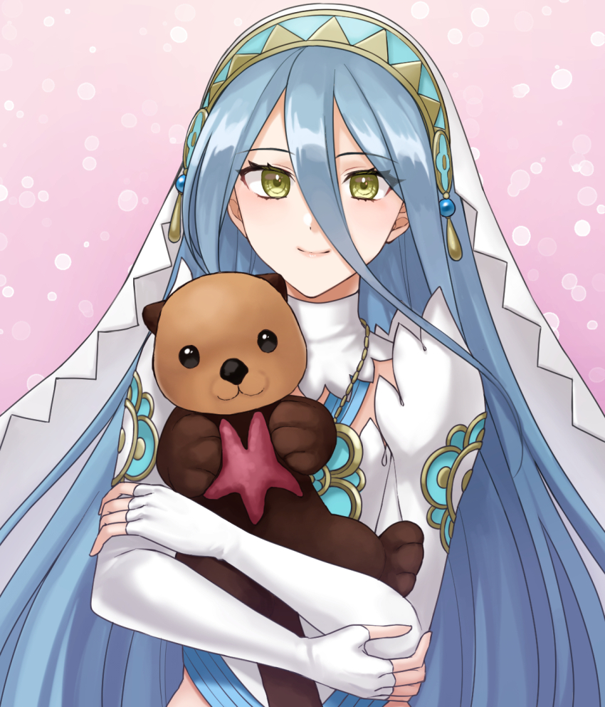 1girl azura_(fire_emblem) blue_hair closed_mouth dot_nose eyelashes fire_emblem fire_emblem_fates hair_between_eyes hazuki_(nyorosuke) highres holding holding_stuffed_toy long_hair looking_at_viewer nintendo smile solo stuffed_animal stuffed_otter stuffed_toy upper_body white_sleeves yellow_eyes