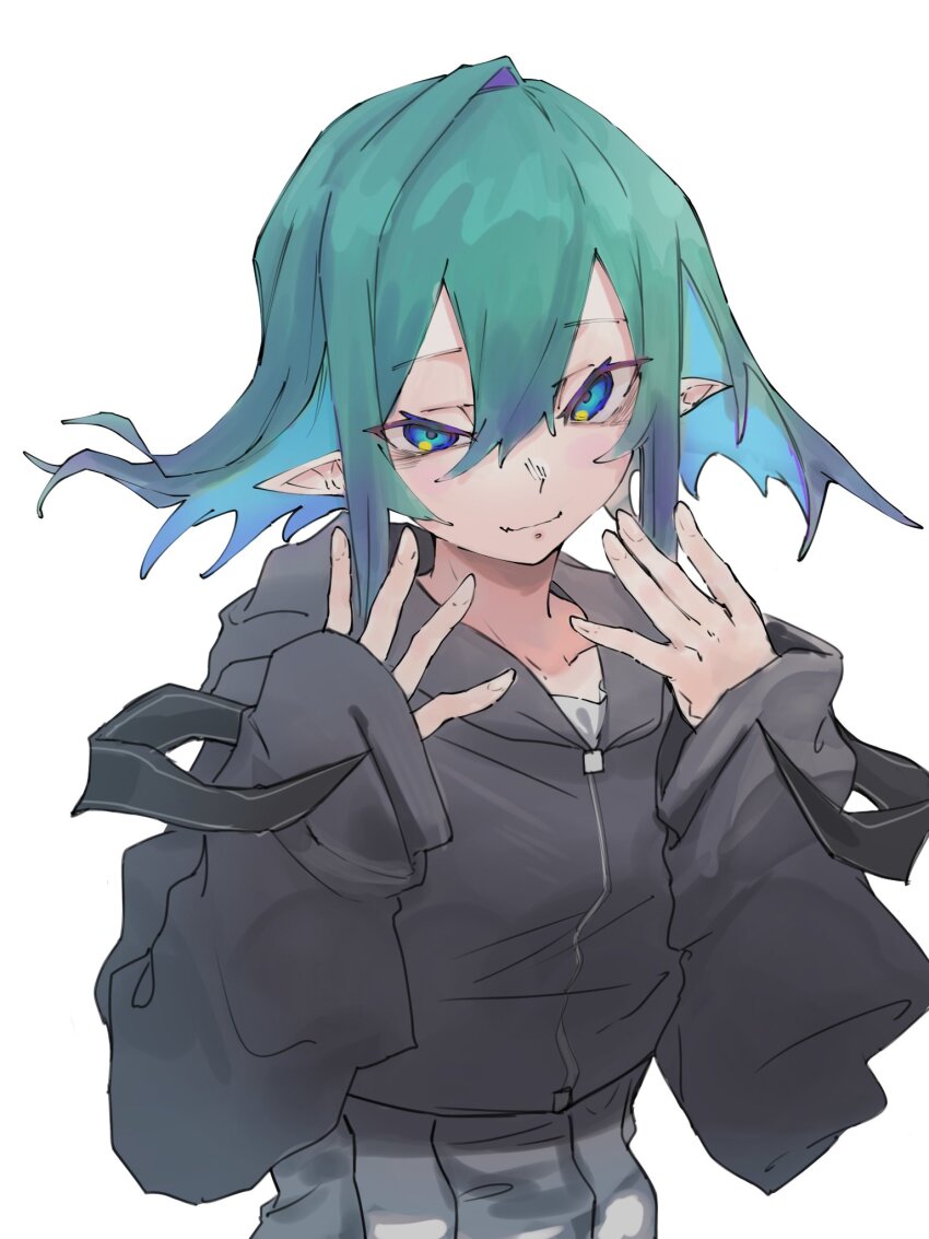 1girl aqua_hair black_jacket blue_eyes blue_hair blush closed_mouth green_hair hair_between_eyes highres hood hood_down hooded_jacket jacket long_sleeves looking_at_viewer multicolored_hair original pointy_ears simple_background sleeves_past_wrists solo spmkwy upper_body white_background