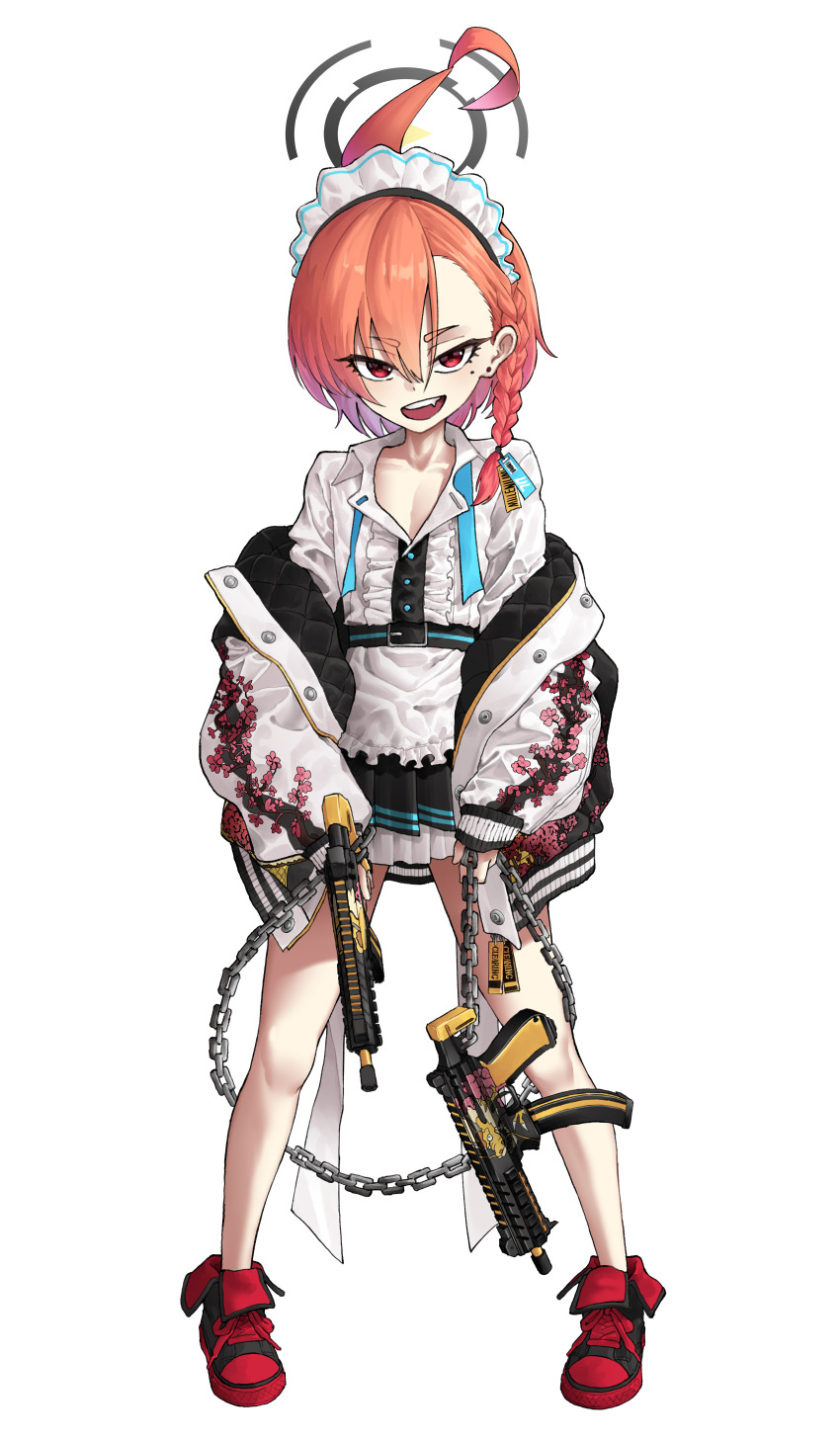 1girl absurdres ahoge blue_archive braid center_frills chain dual_wielding frills gun halo highres holding huge_ahoge jacket looking_at_viewer maid_headdress mikelee0614 mole mole_under_each_eye mole_under_eye multiple_moles neru_(blue_archive) off_shoulder open_clothes open_jacket print_jacket red_eyes shirt short_hair sig_mpx sig_sauer single_braid smile submachine_gun sukajan tag weapon white_background white_shirt