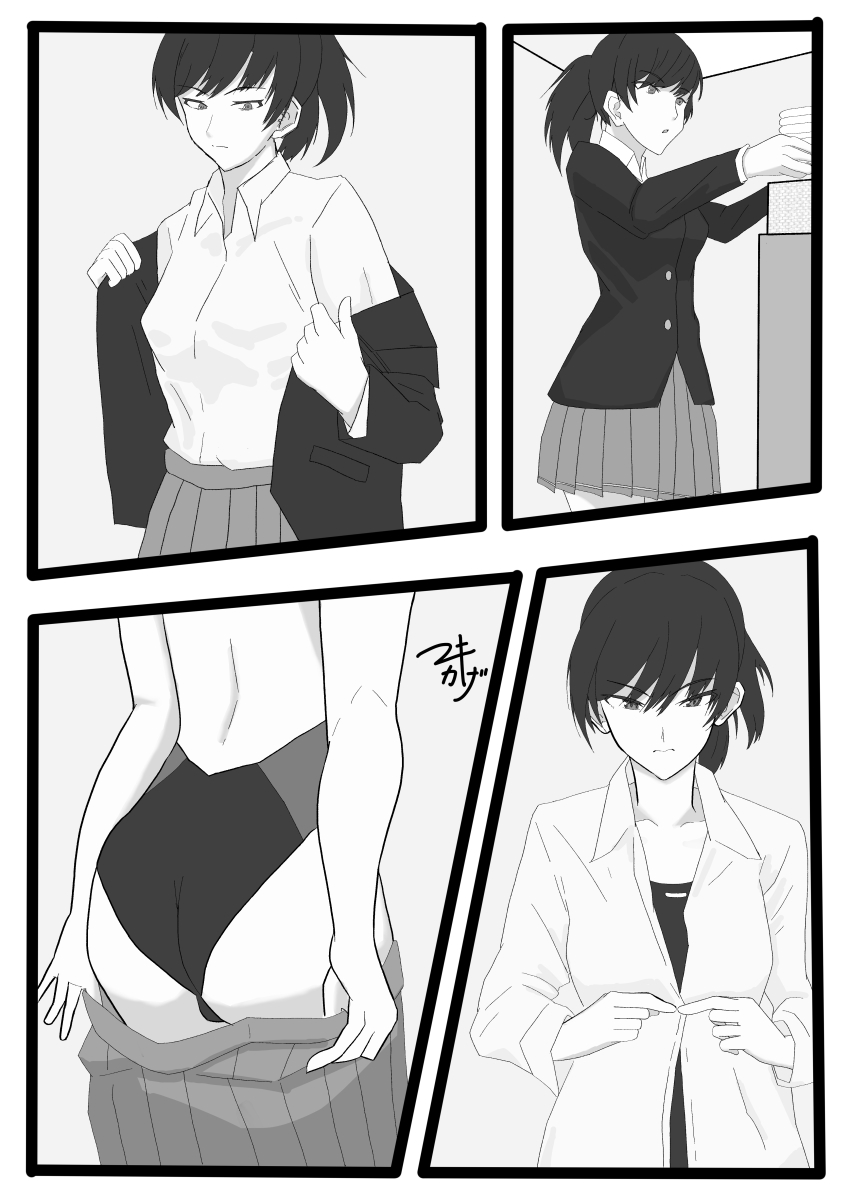 1girl absurdres amagami ass black_eyes black_hair black_one-piece_swimsuit breasts comic commission competition_swimsuit from_behind greyscale highres kibito_high_school_uniform locker locker_room medium_breasts monochrome one-piece_swimsuit ponytail right-to-left_comic school_uniform skeb_commission solo swimsuit swimsuit_under_clothes tsukahara_hibiki two-tone_swimsuit undressing yuta-only