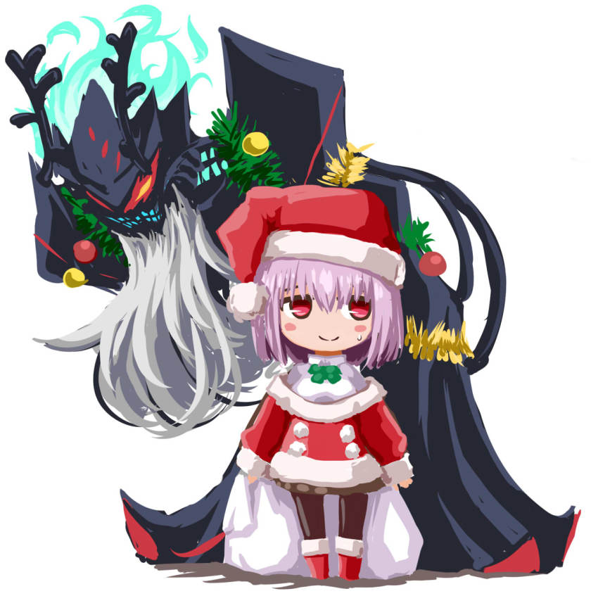 10s 1boy 1girl alexis_(ssss.gridman) alexis_kerib beard black_pantyhose chibi christmas facial_hair fake_beard fake_facial_hair gridman_universe hat highres kugelschreiber light_purple_hair off_shoulder ornament pantyhose santa_costume santa_hat shinjou_akane short_hair simple_background ssss.gridman sweatdrop white_background