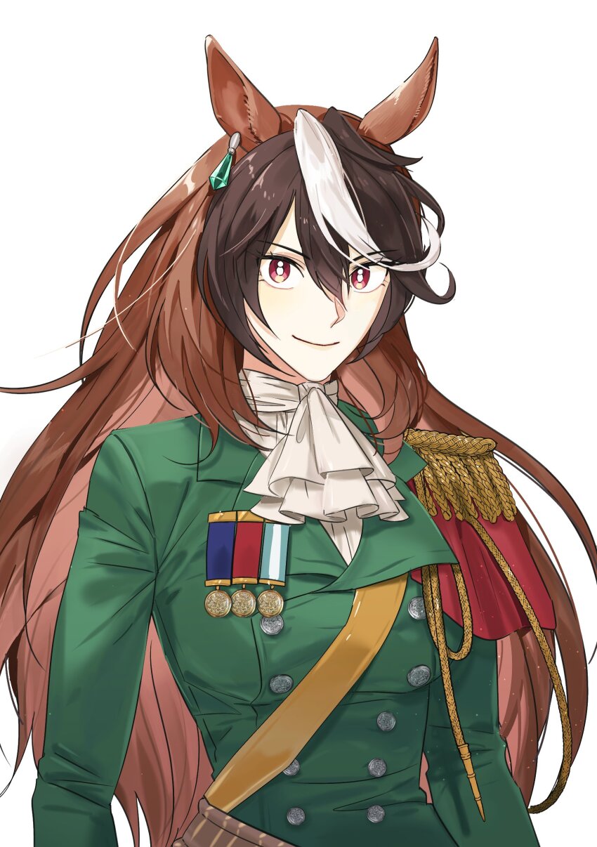 1girl absurdres animal_ears arms_at_sides ascot babjeuoman breasts brown_hair buttons closed_mouth double-breasted earrings epaulettes green_jacket hair_between_eyes highres horse_ears jacket jewelry long_hair long_sleeves looking_at_viewer medal multicolored_hair red_eyes shirt simple_background single_earring single_epaulette small_breasts smile solo streaked_hair symboli_rudolf_(umamusume) umamusume upper_body white_ascot white_background white_shirt