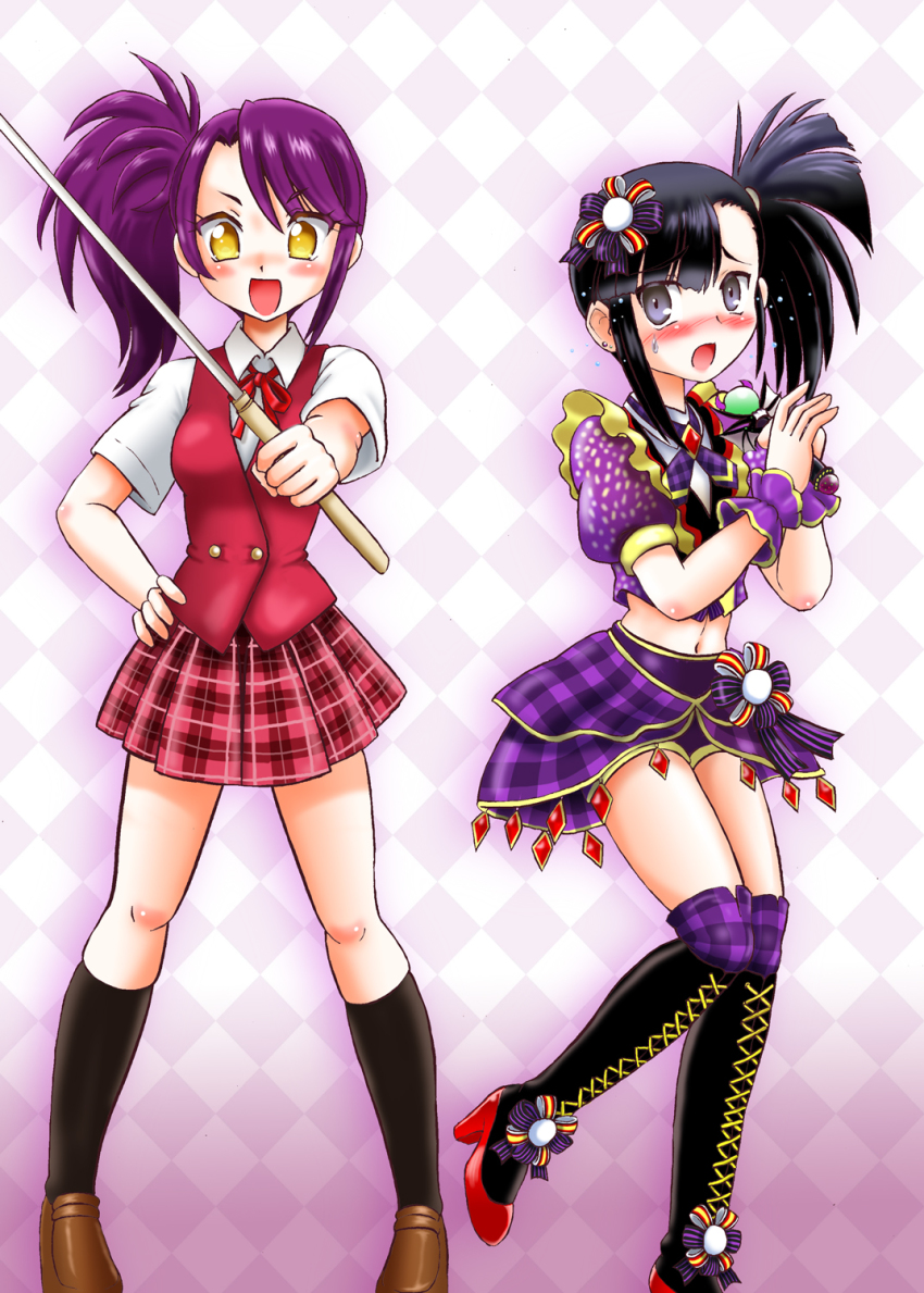 2girls :d black_eyes black_hair cosplay costume_switch crossover highres hoshikawa_tsukimi idol look-alike mahou_sensei_negima! microphone midriff multiple_girls navel open_mouth plaid_clothes plaid_skirt pretty_series pripara purple_hair sakurazaki_setsuna sakurazaki_setsuna_(cosplay) school_uniform side_ponytail skirt smile sword toudou_shion toudou_shion_(cosplay) weapon yellow_eyes