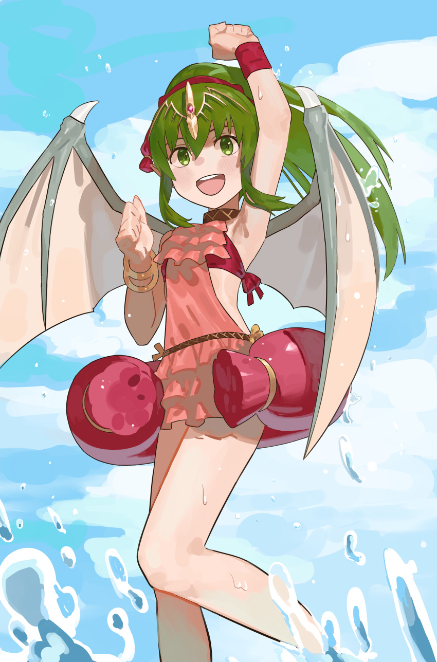 1girl :d absurdres arm_up blue_sky commentary_request dragon_girl dragon_wings fire_emblem fire_emblem:_mystery_of_the_emblem frilled_one-piece_swimsuit frills green_eyes green_hair highres kucheat_zg long_hair nintendo one-piece_swimsuit open_mouth pink_one-piece_swimsuit sky smile solo swimsuit teeth tiara tiki_(fire_emblem) tiki_(young)_(fire_emblem) upper_teeth_only water wet wings