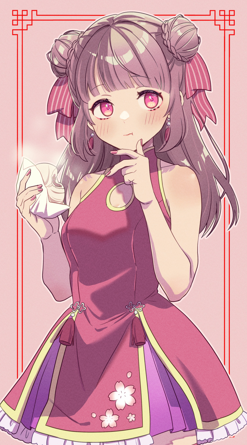 1girl absurdres baozi blunt_bangs blush bow brown_hair china_dress chinese_clothes commentary_request double_bun dress etra-chan_wa_mita! etra_(etra-chan_wa_mita!) fingernails food hair_bow hair_bun highres holding holding_food looking_at_viewer nyako_(lhq3p) red_bow red_dress red_eyes revision short_hair sleeveless sleeveless_dress solo virtual_youtuber