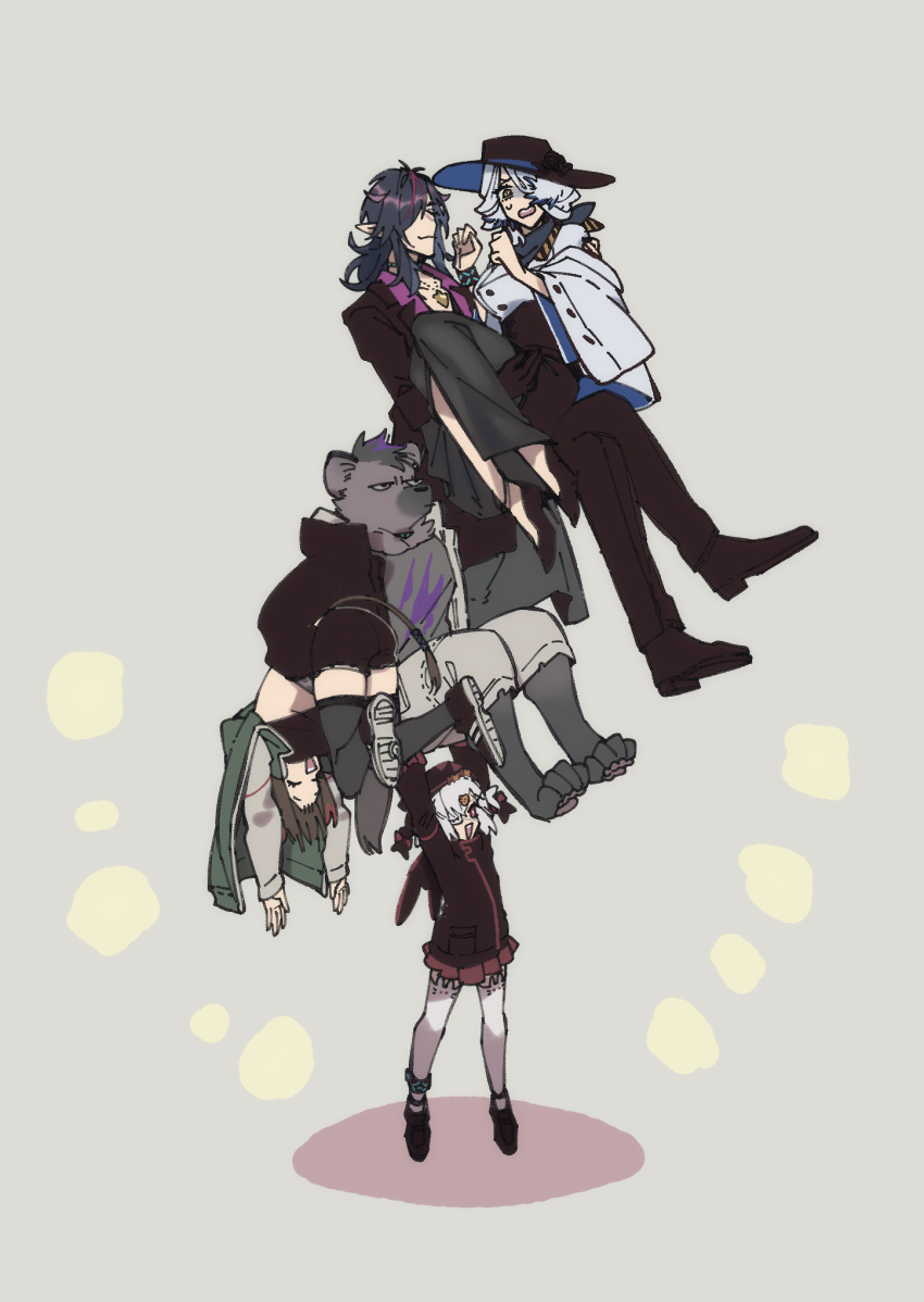 2boys 3girls :3 :d anklet arknights arms_up ass black_footwear black_hair black_hat black_pants black_shorts black_thighhighs bracelet catapult_(arknights) closed_eyes commentary_request full_body furry furry_male green_jacket grey_background grey_hair grey_shirt hair_over_one_eye hat highres hyena_boy hyena_ears infection_monitor_(arknights) jacket jewelry koryuu_(gackter10) lifting_person midnight_(arknights) multiple_boys multiple_girls necklace open_mouth orchid_(arknights) pants pleated_skirt popukar_(arknights) red_eyes red_skirt shirt shorts simple_background skirt smile spot_(arknights) sweatdrop tail thighhighs upside-down white_thighhighs yellow_eyes