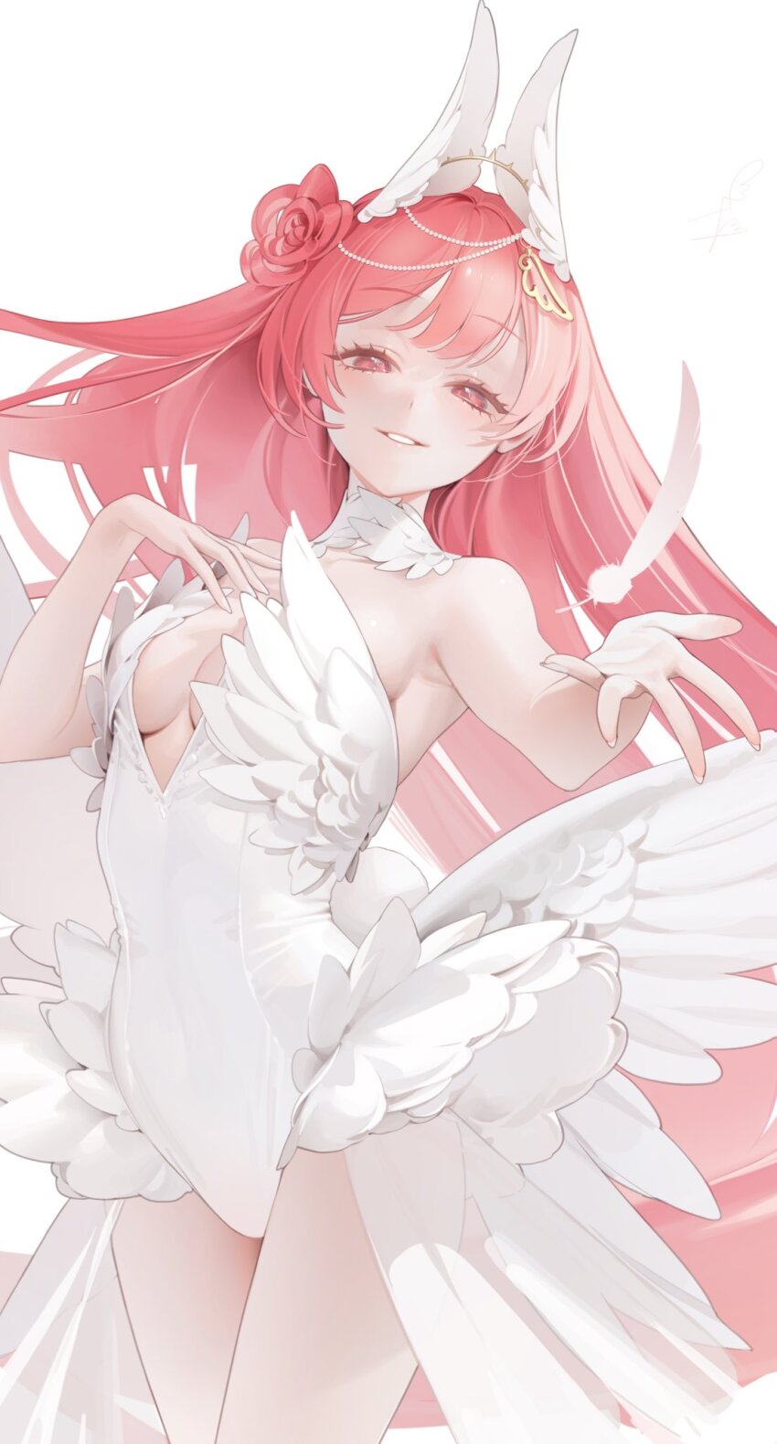 1girl angel_wings bare_shoulders blush breasts collar feathered_wings feathers fingernails hair_bun hatane_rona head_wings highres leotard long_hair looking_at_viewer low_wings nail_polish ohisashiburi open_hand pink_eyes pink_hair project_luminasys signature simple_background single_side_bun smile solo thighs white_background white_collar white_leotard white_nails white_wings wing_hair_ornament wings