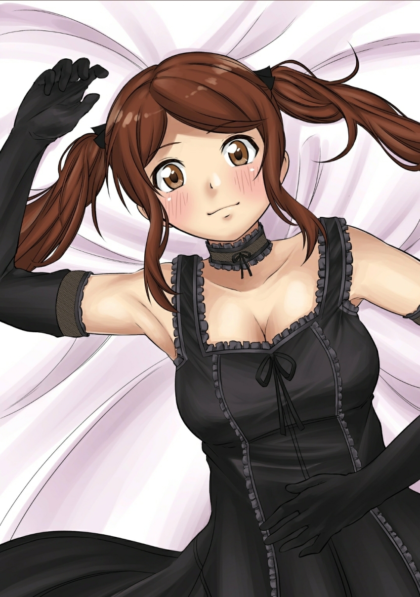 1girl amagami arm_up armpits bare_shoulders bed_sheet black_choker black_dress black_gloves black_ribbon blush breasts brown_eyes brown_hair choker cleavage collarbone dress from_above gloves hair_ribbon hand_on_own_stomach highres jishaku_(user_rcuz2843) lace lace_choker large_breasts long_hair looking_at_viewer lying nakata_sae on_back ribbon solo twintails