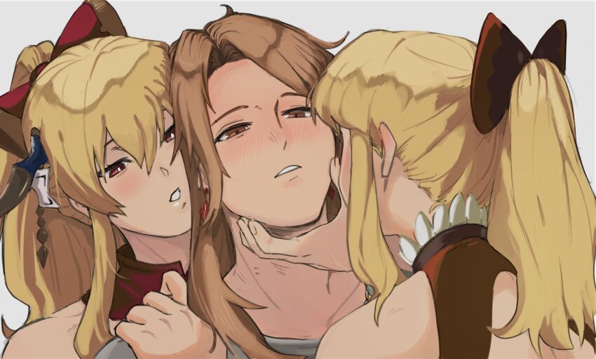 3girls blonde_hair blush bow brown_eyes brown_hair clone commentary earrings english_commentary granblue_fantasy grey_background grey_shirt hair_bow hand_on_another&#039;s_face hand_on_another&#039;s_shoulder highres jewelry katalina_(granblue_fantasy) long_hair multiple_girls parted_lips pom_dovu ponytail red_bow red_eyes shirt simple_background upper_body vira_(granblue_fantasy) yuri