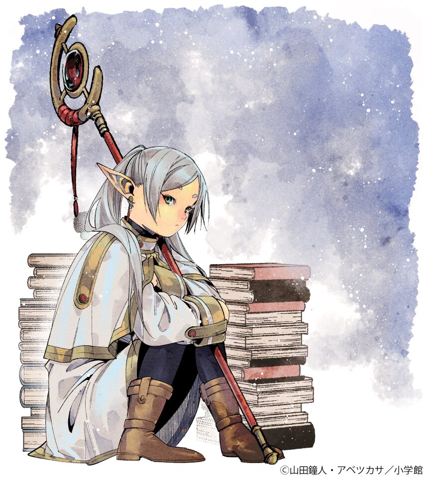 1girl abe_tsukasa absurdres book book_stack brown_footwear closed_mouth earrings elf expressionless frieren full_body highres holding holding_staff jewelry long_hair looking_at_viewer official_art parted_bangs pointy_ears short_eyebrows sitting solo sousou_no_frieren staff thick_eyebrows twintails white_hair