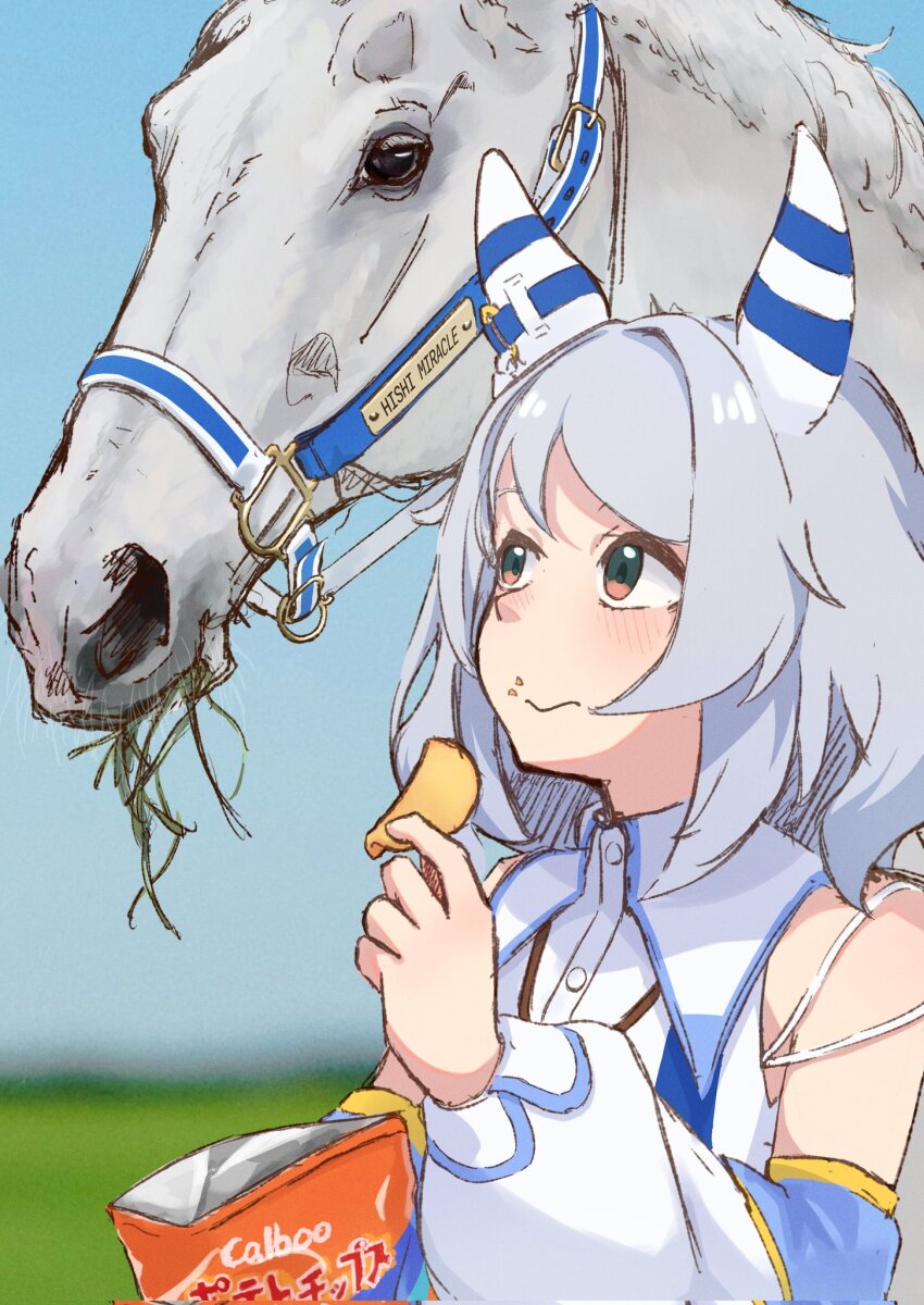 1girl 1other animal_ears blurry blurry_background brand_name_imitation calbee_(potato_chips) character_name chips_(food) creature_and_personification detached_sleeves food food_in_mouth from_side grey_hair highres hishi_miracle_(racehorse) hishi_miracle_(umamusume) holding holding_food horse horse_ears horse_girl looking_at_another medium_hair personification potato_chips ram_(p_searam) real_life simple_background umamusume