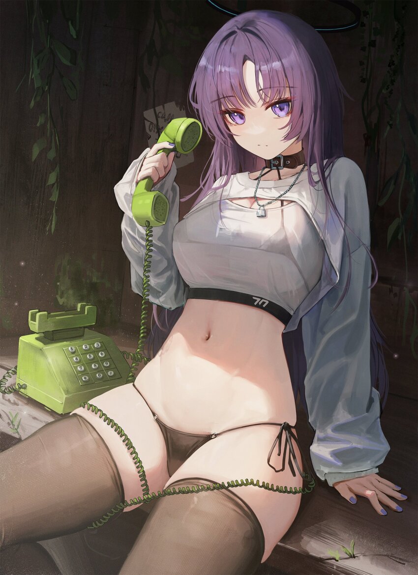 1girl alternate_costume belt_collar bikini black_bikini black_halo blue_archive collar flippy_(cripine111) grey_shirt halo highres holding holding_phone looking_at_viewer mechanical_halo micro_bikini navel panties parted_bangs phone purple_eyes purple_hair see-through_clothes see-through_shirt shirt shrug_(clothing) side-tie_bikini_bottom sitting solo swimsuit thighhighs underwear yuuka_(blue_archive)