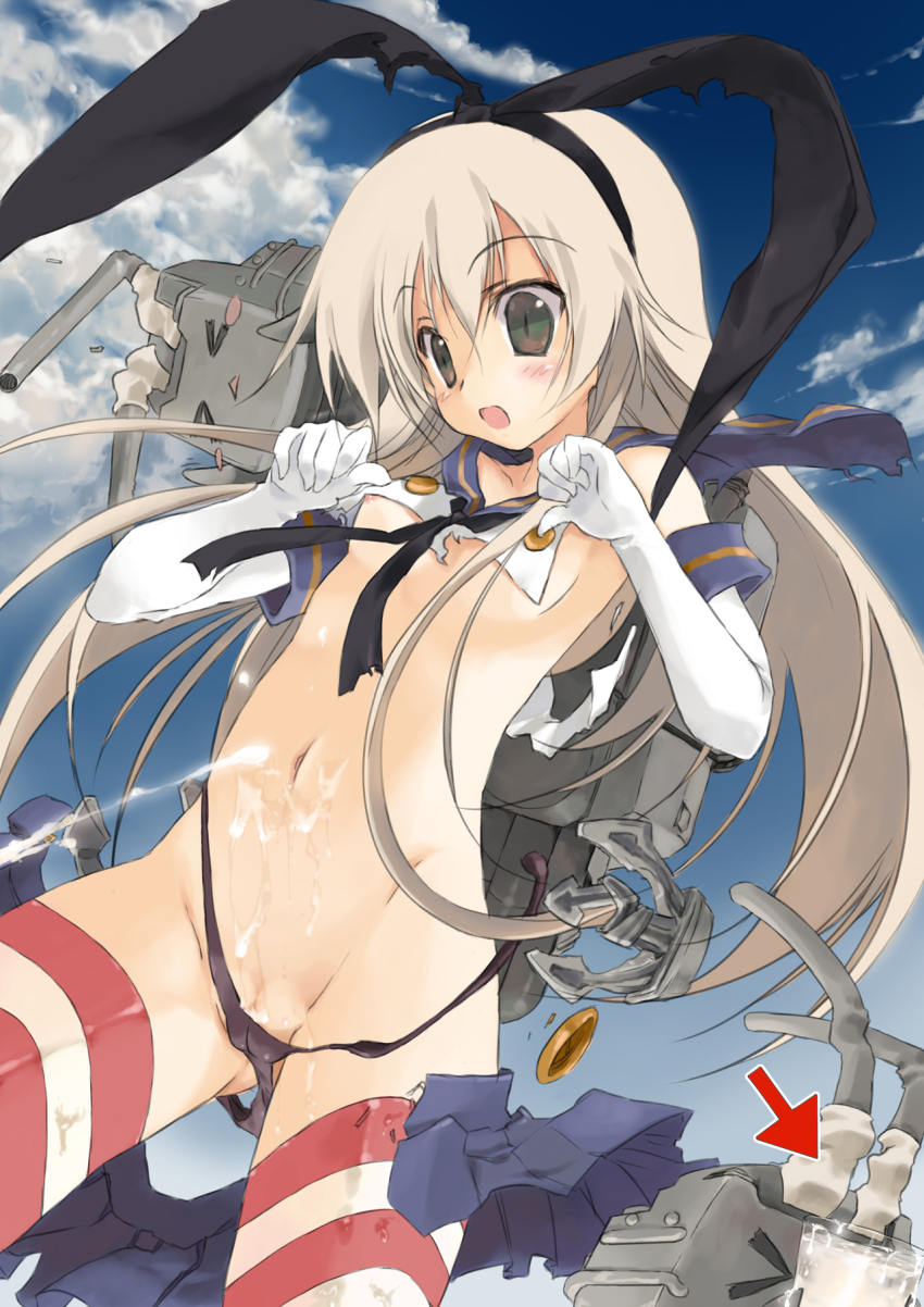 &gt;_&lt; 10s 1girl anchor black_eyes black_panties blonde_hair blush closed_eyes cum cum_on_body cum_on_clothes cum_on_lower_body elbow_gloves female_focus flat_chest gloves hair_ornament highres kantai_collection long_hair navel open_mouth panties personification pussy rensouhou-chan sailor_collar scaji shimakaze_(kancolle) skirt smile solo striped_clothes striped_thighhighs thighhighs torn_clothes uncensored underwear white_gloves