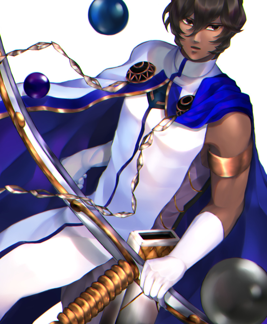 1boy absurdres agni_gandiva arjuna_(fate) bow_(weapon) brown_eyes brown_hair cape dark_skin dark-skinned_male fate/grand_order fate_(series) gloves hair_between_eyes highres holding holding_bow_(weapon) holding_weapon indian_clothes long_sleeves male_focus mash0880 short_hair simple_background solo weapon white_background white_cape white_gloves