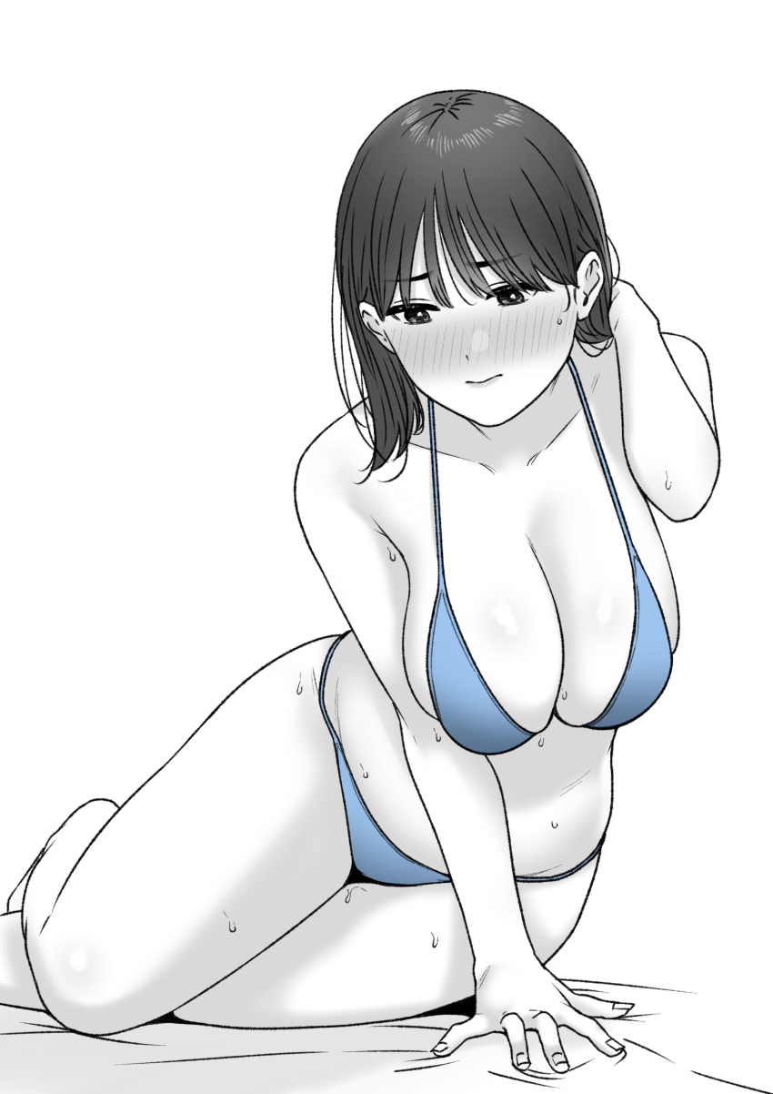 1girl arm_support averting_eyes bare_arms bare_legs bare_shoulders bed_sheet bikini blue_bikini blush breasts clavage cleavage closed_mouth collarbone embarrassed foot_out_of_frame hair_behind_ear hand_in_own_hair hand_up large_breasts leaning leaning_to_the_side lips nose_blush original simple_background sitting solo string_bikini sweat swimsuit tantanmen72 white_background yokozuwari