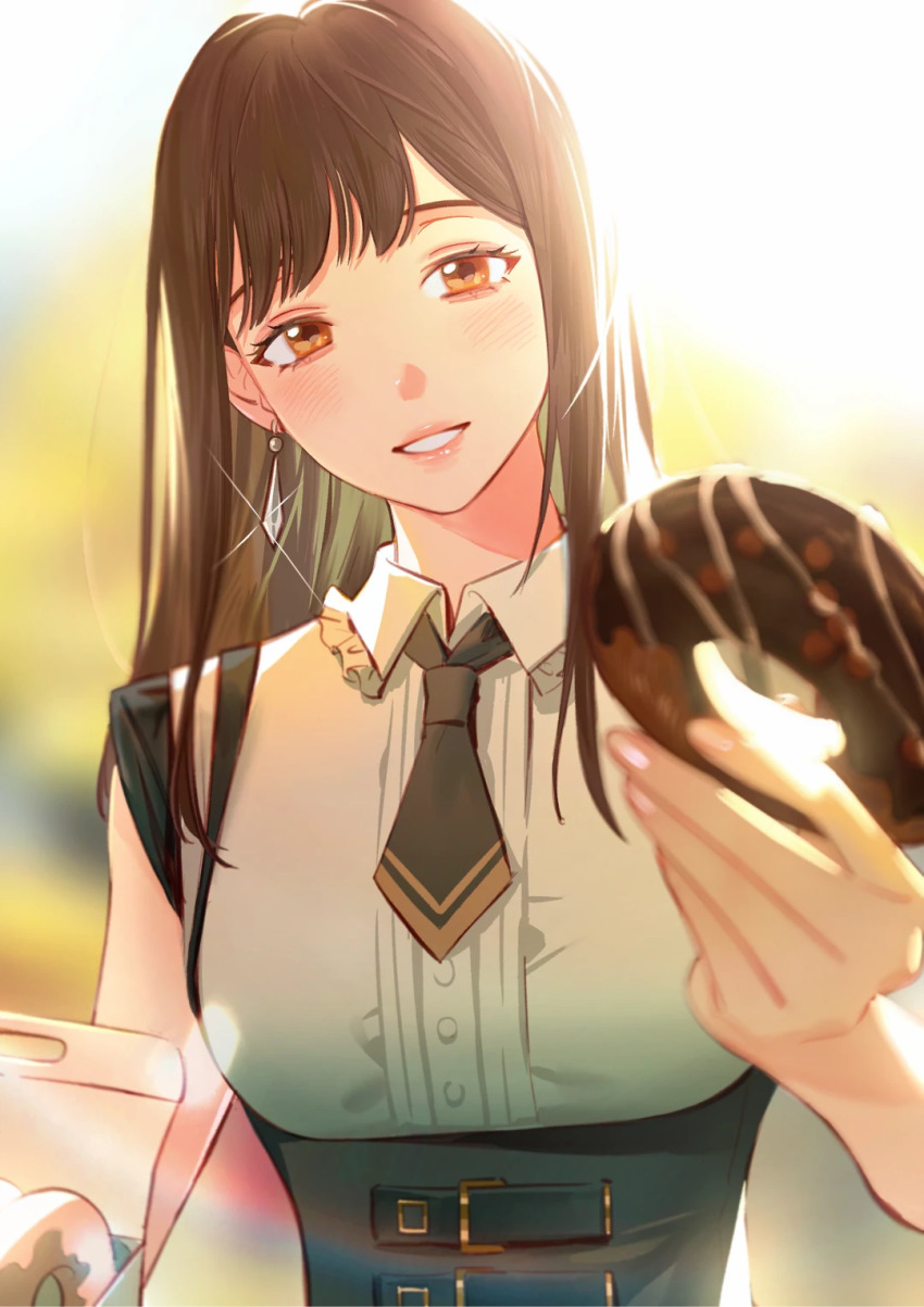 1girl backlighting bang_dream! bang_dream!_it&#039;s_mygo!!!!! black_necktie blurry blurry_background blurry_foreground blush brown_hair buttons chinese_commentary commentary_request crystal_earrings day depth_of_field donut earrings fingernails food frilled_shirt_collar frills g00d1a grin head_tilt highres holding holding_donut holding_food incoming_food jewelry long_hair necktie orange_eyes pastry_box pink_lips rainbow sleeveless smile solo sparkle sumita_mana sunlight underbust upper_body wing_collar wispy_bangs