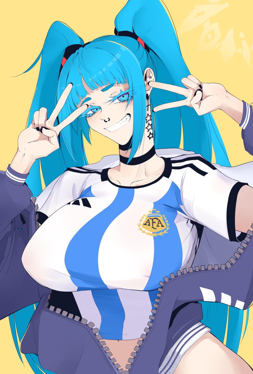 1girl absurdres alternate_breast_size aqua_eyes aqua_hair argentina black_choker breasts choker colored_eyelashes covered_erect_nipples doli_palta double_v earrings hatsune_miku highres jacket jewelry large_breasts long_hair looking_at_viewer nose_piercing open_clothes open_jacket parted_lips piercing print_shirt shirt short_sleeves smile solo twintails upper_body v very_long_hair vocaloid worldwide_miku yellow_background