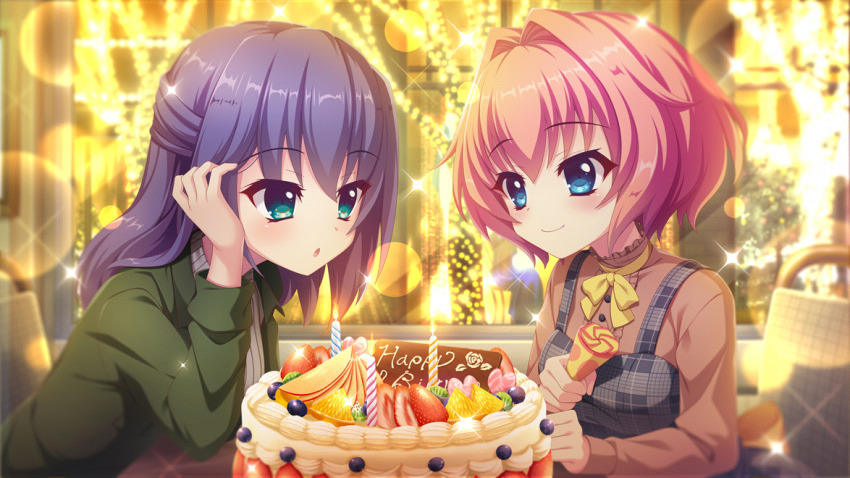 2girls apple apple_slice aqua_eyes birthday birthday_cake blowing_candle blue_eyes blue_hair blueberry blush breasts brown_shirt cake candle candy chocolate chocolate_bar christmas_lights closed_mouth dot_nose elbow_on_table film_grain food from_side fruit game_cg green_jacket hair_intakes hand_in_own_hair happy_birthday hiiragi_kae holding holding_party_popper honjou_kasumi indoors izumi_tsubasu jacket lens_flare looking_at_another medium_breasts medium_hair multiple_girls neck_ribbon night non-web_source official_art open_mouth party_popper pink_hair plaid_clothes re:stage! ribbon shirt short_hair sitting smile sparkle storefront strawberry strawberry_cake tree window yellow_ribbon