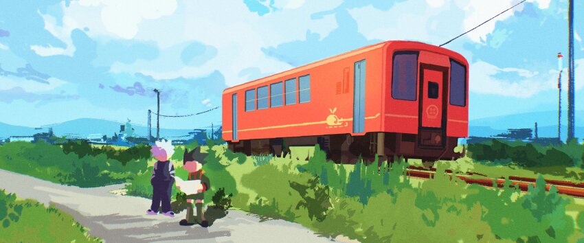 2boys blue_sky cloud day faceless foliage gon_freecss grass hands_in_pockets highres holding holding_paper hunter_x_hunter killua_zoldyck multiple_boys multiple_unit_train mumian67053620 no_lineart outdoors overhead_line paper path power_lines railroad_tracks road scenery shadow side-by-side sky train two-handed very_wide_shot