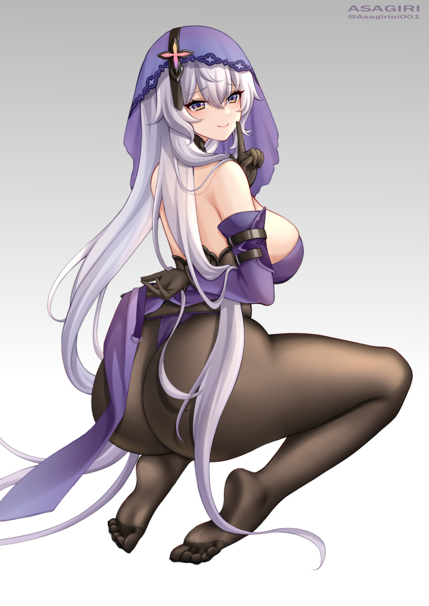 1girl absurdres asagiri_ai ass bare_back bare_shoulders black_gloves black_pantyhose black_swan_(honkai:_star_rail) breasts commentary_request elbow_gloves gloves gradient_background grey_background grey_eyes grey_hair hand_up highres honkai:_star_rail honkai_(series) huge_ass index_finger_raised large_breasts long_hair looking_at_viewer no_shoes pantyhose solo thighs veil very_long_hair