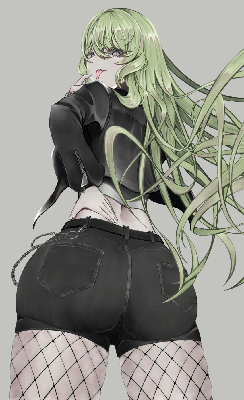 1girl absurdres alternate_costume ass ass_focus blush breasts come_hither denim denim_shorts fishnet_pantyhose fishnets from_behind from_below fuji4o green_eyes green_hair highres honkai_(series) honkai_impact_3rd huge_ass jacket large_breasts long_hair looking_at_viewer looking_back looking_down mobius_(honkai_impact) naughty_face pantyhose pantyhose_under_shorts short_shorts shorts sideboob smile solo tongue tongue_out very_long_hair