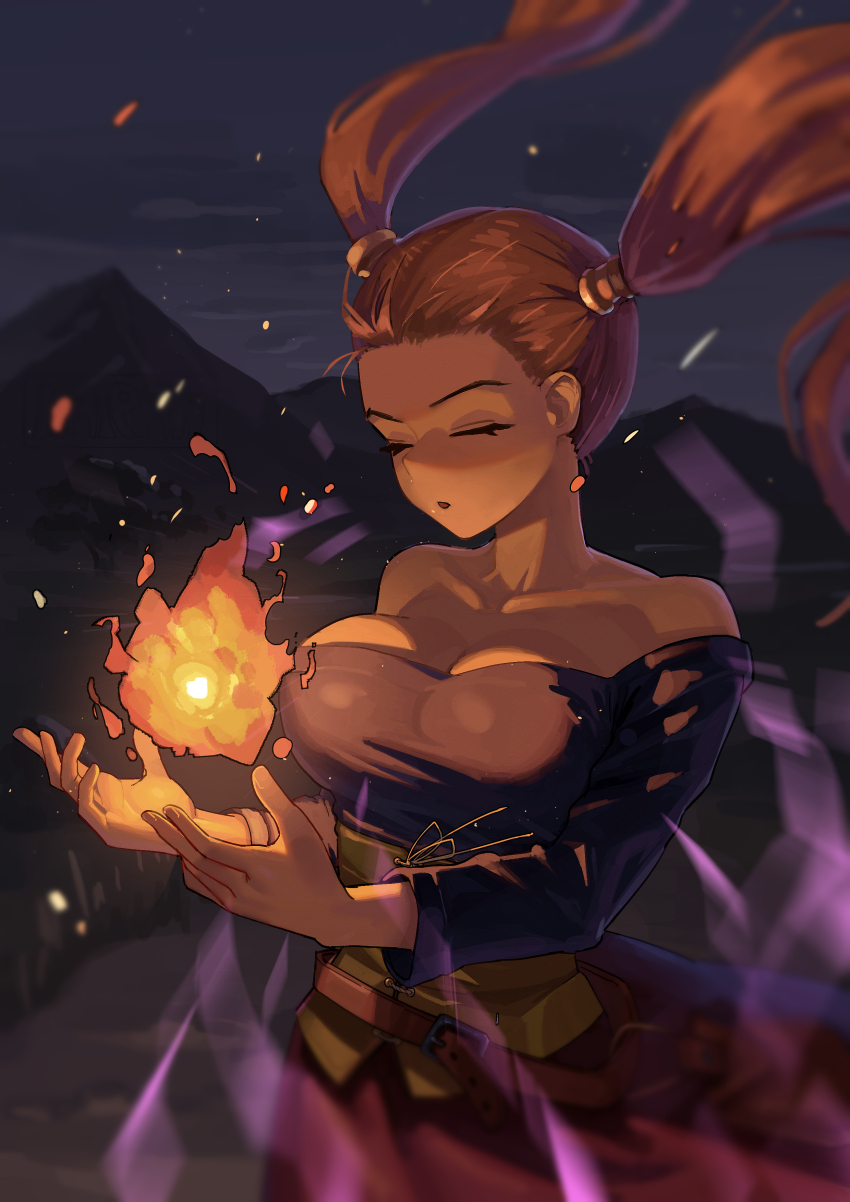 1girl absurdres black_shirt breasts brown_hair cleavage closed_eyes dragon_quest dragon_quest_viii fire highres jessica_albert large_breasts long_hair magic night off-shoulder_shirt off_shoulder outdoors pyrokinesis red_skirt sawashiman shirt skirt solo twintails