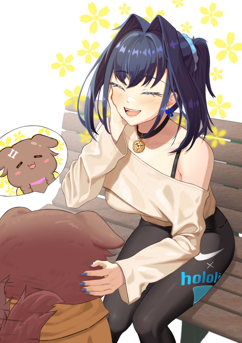 1girl :3 :d absurdres animalization bangom_r bare_shoulders black_choker black_pants blue_bow blue_hair blue_nails blush bow bow_earrings breasts brown_sweater choker dog earrings hair_intakes hair_ornament hair_scrunchie hand_on_own_cheek hand_on_own_face highres hololive hololive_english inugami_korone jewelry large_breasts long_sleeves nail_polish nike_(company) off-shoulder_sweater off_shoulder on_bench open_mouth ouro_kronii pants petting scrunchie short_hair sitting smile sweater tail tail_wagging virtual_youtuber