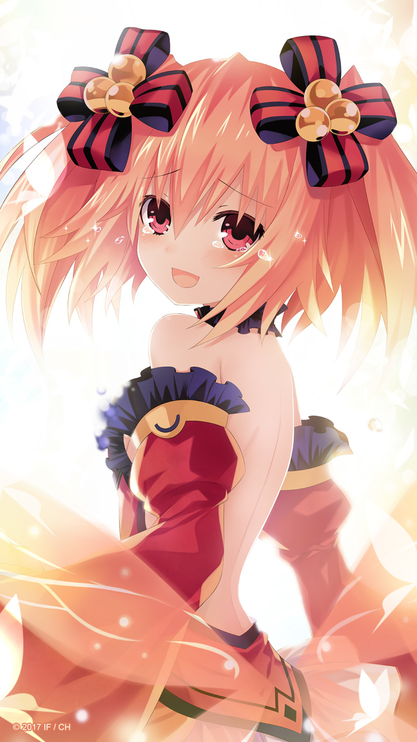 1girl 2017 alyn_(fairy_fencer_f) bare_back bare_shoulders blush choker detached_sleeves fairy_fencer_f female_focus hair_ornament hair_ribbon highres looking_at_viewer official_art open_mouth orange_hair pink_eyes ribbon short_hair smile solo tears tsunako twintails