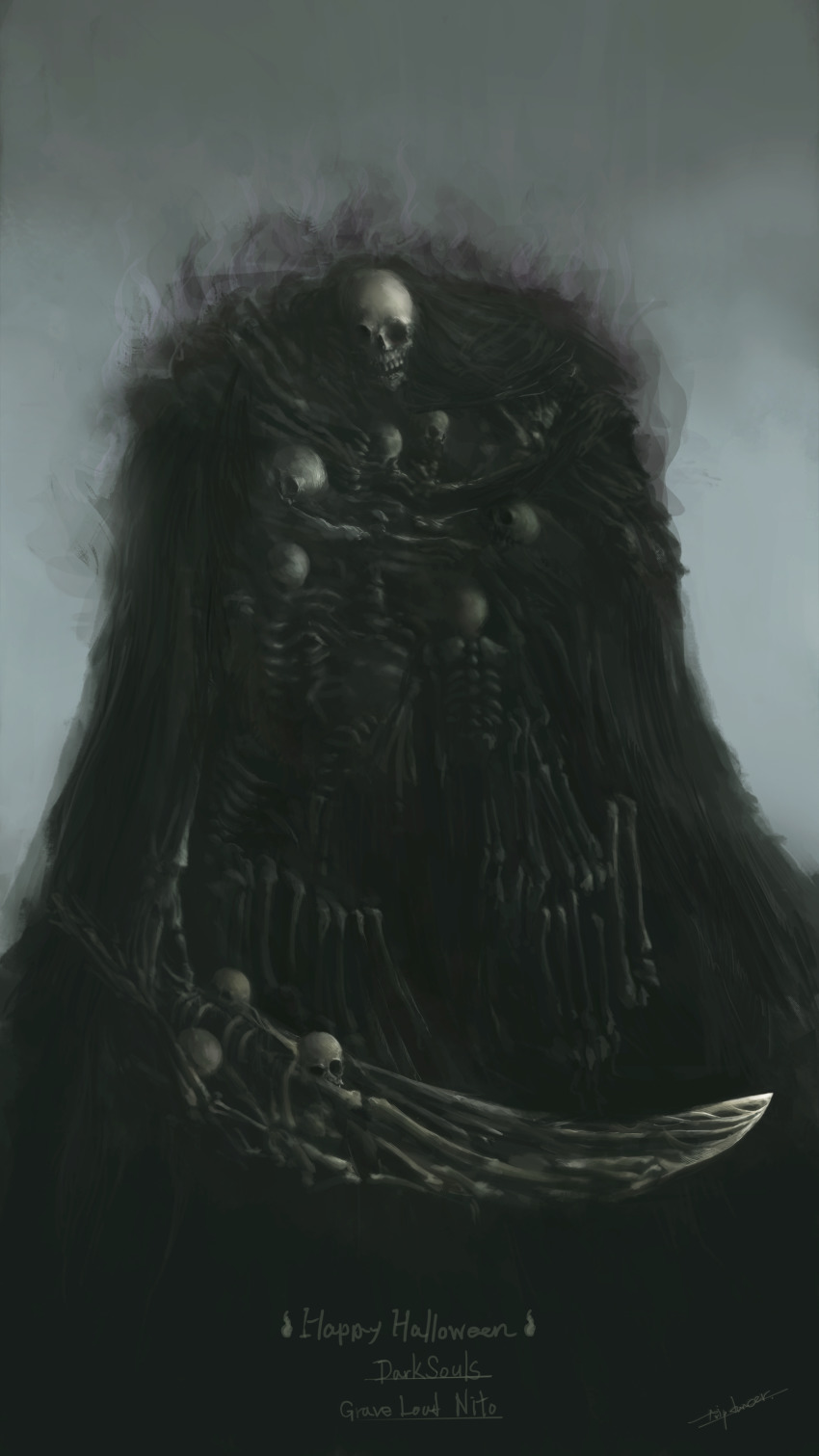 absurdres commentary_request creature dark dark_souls_(series) dark_souls_i facing_viewer gravelord_nito highres holdign_sword holding holding_sword holding_weapon monster signature skeleton skull solo sword tripdancer weapon