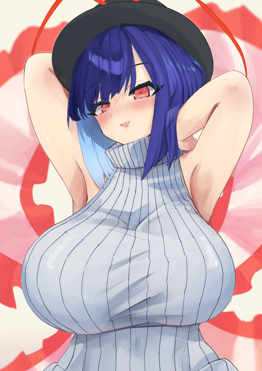 1girl absurdres alternate_costume arms_behind_head arms_up black_hair blue_hair blush breasts frilled_shawl frills hat hat_ribbon highres huge_breasts looking_at_viewer nagae_iku red_eyes red_ribbon ribbed_sweater ribbon shawl shinonome_zakuro short_hair simple_background smile solo sweater touhou turtleneck turtleneck_sweater upper_body white_sweater