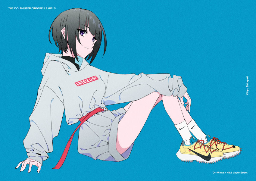 1girl absurdres acubi_tomaranai artist_name belt black_hair blunt_bangs bob_cut breasts character_name closed_mouth film_grain highres hood hoodie huge_filesize idolmaster idolmaster_cinderella_girls idolmaster_cinderella_girls_starlight_stage long_sleeves looking_at_viewer loose_clothes nike_(company) off-white_(brand) product_placement purple_eyes shirayuki_chiyo shoes short_hair sitting sleeves_past_wrists small_breasts sneakers