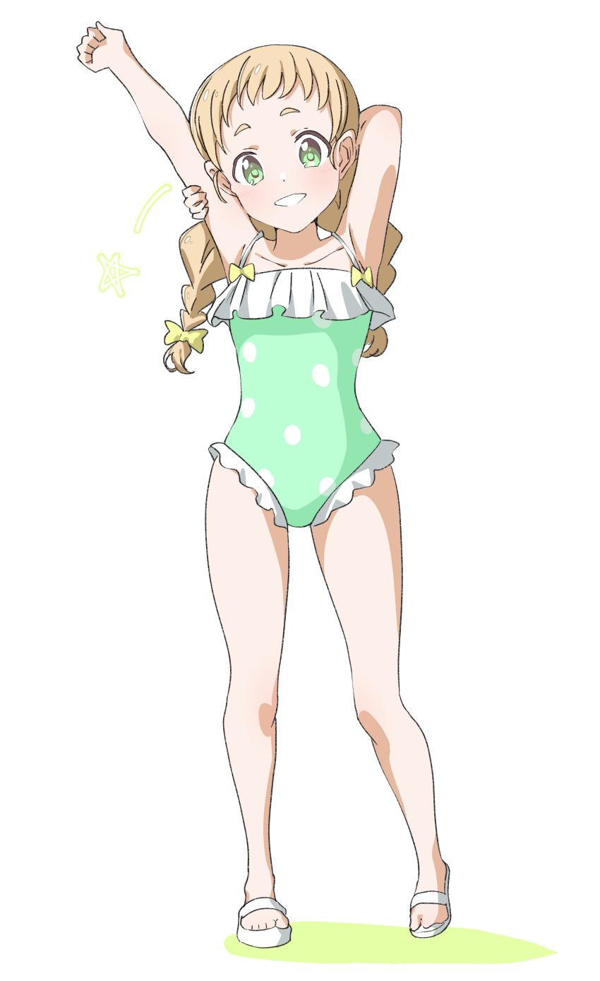 1girl absurdres armpits arms_up blonde_hair blush bow bow_swimsuit braid collarbone commentary_request frilled_one-piece_swimsuit frills full_body green_eyes green_one-piece_swimsuit grin hair_bow highres inose_mai koisuru_asteroid long_hair looking_at_viewer low_twin_braids one-piece_swimsuit polka_dot_one-piece_swimsuit ponytail ponytail_with_braided_base sandals simple_background smile solo swimsuit twin_braids uchuu_no_mozuku white_background white_footwear yellow_bow