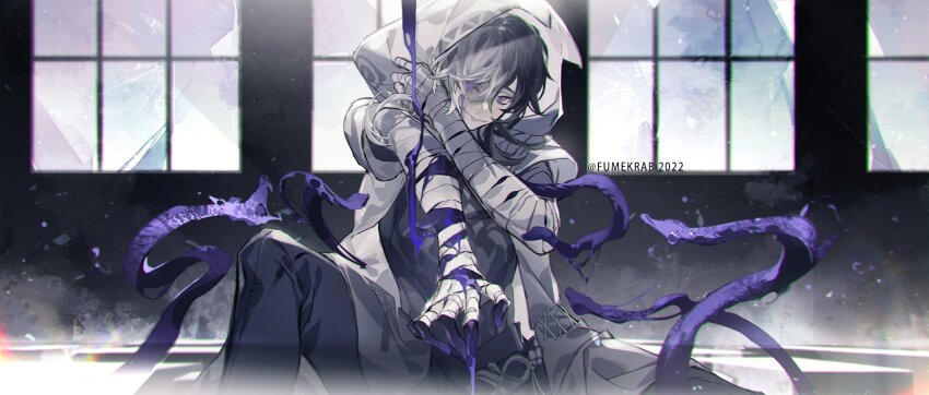 1boy bandaged_arm bandages black_hair grey_hair highres hood hoodie jacket krab_(fumekrab) liquid looking_at_viewer male_focus multicolored_hair original short_hair snake solo two-tone_hair white_hair white_jacket window