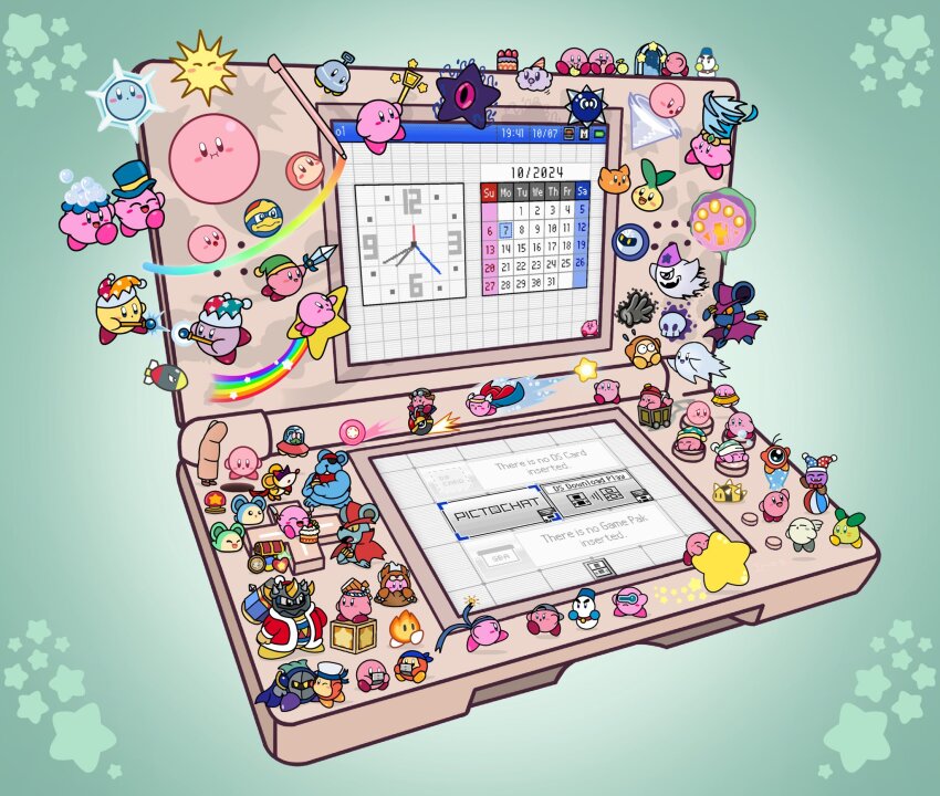 :3 animal animal_ears animal_skin_hat armor aura ball ball_kirby bandana bandana_waddle_dee bang-bang_(kirby) battery battery_indicator beanbon bird black_eyes block_(object) blue_armor blue_cape blue_hat blue_headband blush brown_fur bubble buttons cake calendar_(object) cape captain_stitch chef_hat chilly_(kirby) clock coat d-pad dark_aura dark_daroach dark_nebula darkness daroach dated digging digital_clock doc_(kirby) eating english_text eyepatch flying food game_console ghost ghost_kirby ghost_tail glasses gloves goggles goggles_on_headwear green_background green_hat hammer hammer_kirby handheld_game_console hat headband heart hi-jump_kirby highres holding holding_hammer holding_handheld_game_console holding_hands holding_staff holding_sword holding_weapon ice imeg048 jester_cap king_dedede kirby kirby_(series) kirby_canvas_curse kirby_mass_attack kirby_squeak_squad kirby_super_star kirby_super_star_ultra laser_kirby marx_(kirby) mask master_hand menu meta_knight mining_helmet mouse_(animal) mouse_ears needlous nightcap nintendo nintendo_ds penguin playing playing_games purple_hat rainbow red_bandana red_cape red_coat red_eyes red_hat riding shoulder_armor simple_background skull sleeping slit_pupils snow snowman spikes spinni squeakers staff star_(symbol) star_block storo strawberry_cake stylus sun sunglasses surprised sword tedhaun throw_kirby tornado treasure_chest triple_star ufo_(kirby) video_game waddle_dee waddle_doo warp_star weapon wheel wheelie white_hat white_wings wing_ornament wings yellow_eyes yellow_gloves