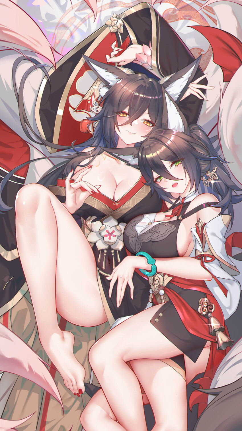 2girls absurdres animal_ear_fluff animal_ears bare_legs barefoot black_dress breasts brown_hair chinese_clothes cleavage closed_mouth dakimakura_(medium) dress feet fox_ears fox_tail fugue_(honkai:_star_rail) green_eyes hand_on_another&#039;s_crotch highres honkai:_star_rail honkai_(series) large_breasts long_hair lying misheng_liu_yin multiple_girls multiple_tails nail_polish on_back on_side open_mouth tail teeth tingyun_(honkai:_star_rail) toenail_polish toenails toes upper_teeth_only yellow_eyes