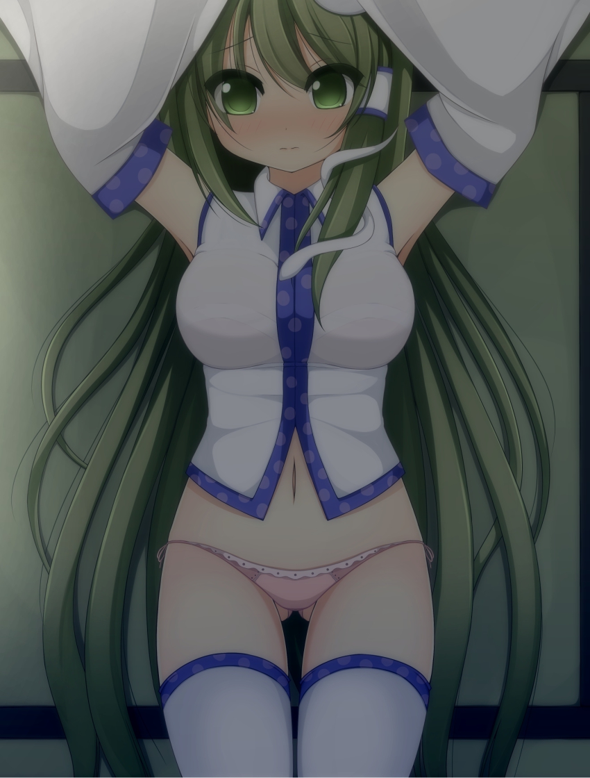 1girl armpits arms_up blush breasts chimunge detached_sleeves female_focus frog_hair_ornament green_eyes green_hair hair_ornament hair_tubes highres kochiya_sanae large_breasts long_hair looking_at_viewer lying matching_hair/eyes midriff navel no_pants on_back on_floor panties pink_panties shirt side-tie_panties snake snake_hair_ornament solo tatami thighhighs touhou underwear very_long_hair white_thighhighs wide_sleeves