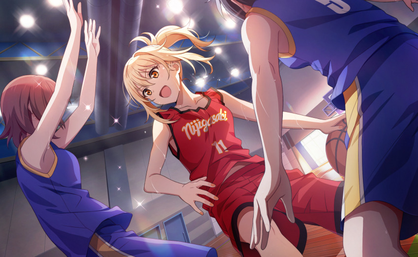 3girls armpits arms_up artist_request ball basketball basketball_(object) basketball_uniform black_hair blonde_hair blue_shorts blush breasts brown_hair ceiling ceiling_light commentary_request door dutch_angle fingernails flying_sweatdrops gym highres holding holding_ball indoors love_live! love_live!_nijigasaki_high_school_idol_club love_live!_school_idol_festival_2 medium_hair miyashita_ai multiple_girls official_art open_mouth orange_eyes ponytail red_shorts red_tank_top short_hair shorts sidelocks solo_focus sportswear sunlight sweatdrop tank_top wooden_floor