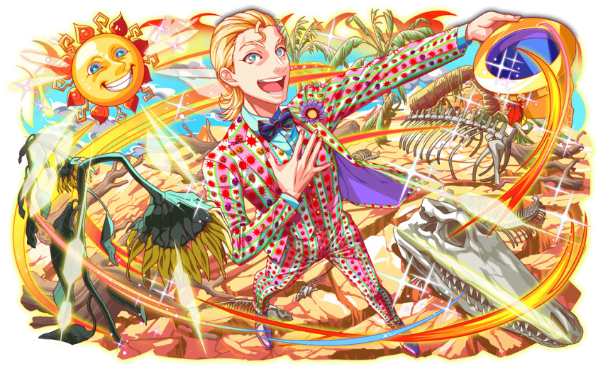 1boy 1other animal_skull aqua_eyes aqua_shirt aqua_sleeves artist_request black_bow black_bowtie black_socks blonde_eyebrows blonde_hair blue_sky bow bowtie buttons cel_shading character_request clenched_teeth cloud collared_suit crash_fever desert dress_shirt eyelashes feathers flower foreshortening formal full_body game_cg grin hair_slicked_back hat hat_feather holding holding_unworn_clothes holding_hat holding_unworn_clothes hot light_rays log looking_at_viewer male_focus multicolored_pants multicolored_suit multicolored_vest multiple_others nose official_art open_mouth outline pants purple_flower purple_footwear red_feathers red_outline shirt skeleton sky smile socks solo_focus sparkle suit sun sunbeam sunflower sunlight tachi-e teeth tongue transparent_background tree two-sided_fabric two-sided_headwear unworn_headwear yellow_hat