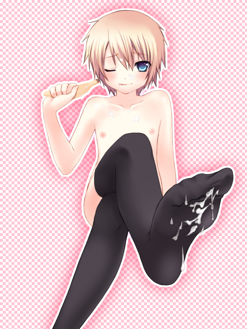 1boy absurdres bad_id bad_pixiv_id banana blonde_hair blue_eyes blush candy crossed_legs cum cum_on_body cum_on_feet cum_on_lower_body facial feet flat_chest food foreshortening fruit highres licking_lips lollipop male_focus nana_mikoto nipples one_eye_closed original short_hair sitting soles solo thighhighs tongue tongue_out trap wink