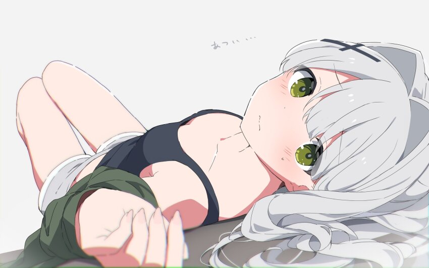 1girl black_tank_top blue_archive breasts cleavage green_eyes grey_background grey_hair grey_shorts hair_ornament hairclip hare_(blue_archive) highres knees_up long_hair looking_at_viewer lying mochigome_(ununquadium) on_back on_floor shorts solo tank_top