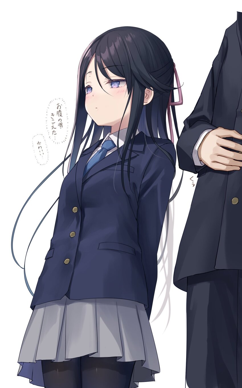 1boy 1girl black_hair black_pantyhose blazer blush closed_mouth commentary_request hetero highres jacket long_hair long_sleeves na-ga original pantyhose pleated_skirt rubbing_stomach school_uniform skirt speech_bubble thought_bubble translation_request