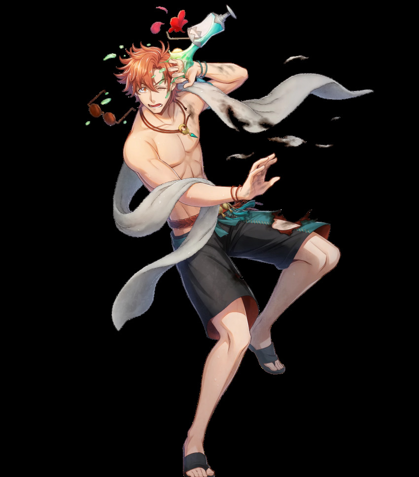 1boy abs argon_(exys) belt bracelet drink unworn_eyewear fire_emblem fire_emblem:_three_houses fire_emblem_heroes flower food full_body highres ice_cream jewelry male_focus navel necklace nintendo official_art one_eye_closed open_mouth orange_eyes orange_hair sandals topless_male solo sunglasses swimsuit sylvain_jose_gautier teeth torn_clothes towel transparent_background