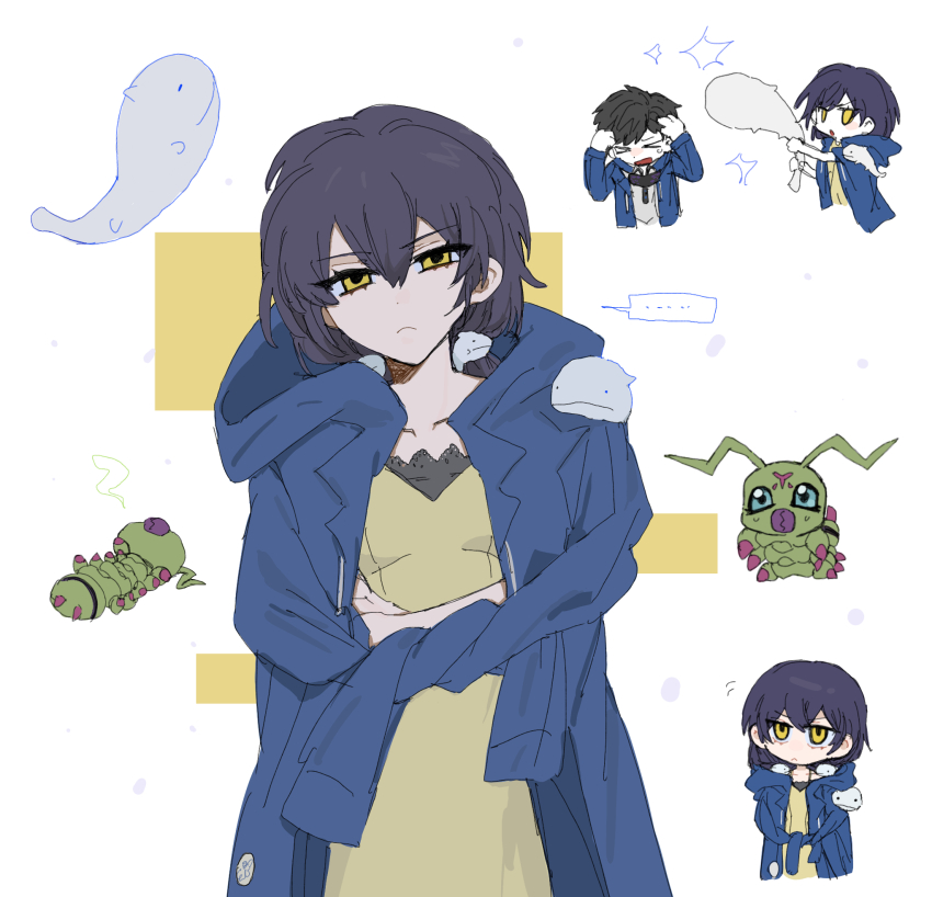 amasawa_keisuke coat coat_on_shoulders digimon digimon_story:_cyber_sleuth digimon_story:_cyber_sleuth_hacker&#039;s_memory highres long_hair mishima_erika twintails very_long_hair wormmon