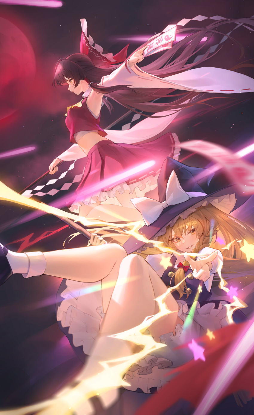 2girls absurdres ascot black_dress black_hair blonde_hair blurry bow braid commentary depth_of_field detached_sleeves dress frilled_bow frilled_hair_tubes frills gohei hair_bow hair_ornament hair_tubes hakurei_reimu hat hat_bow highres holding_ofuda kirisame_marisa looking_ahead looking_at_viewer magic midriff moon multiple_girls night night_sky nontraditional_miko pants red_bow red_eyes red_moon red_skirt shirt single_braid skirt sky star_(symbol) symbol-only_commentary touhou white_bow white_pants white_shirt wide_sleeves witch witch_hat yellow_ascot yellow_eyes zhenli-mari